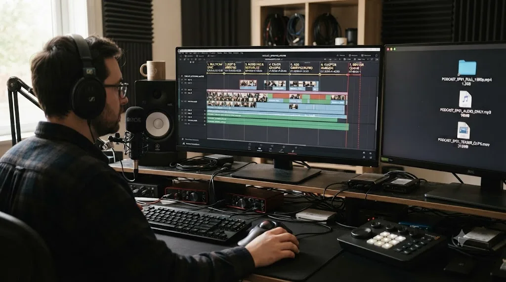 Illustration of a seven step podcast export workflow from multicam sync through three final rendered files