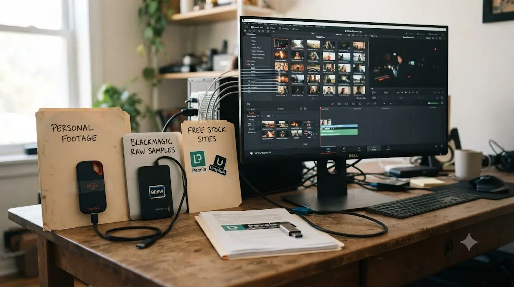 Illustration of three free footage sources feeding into a DaVinci Resolve project