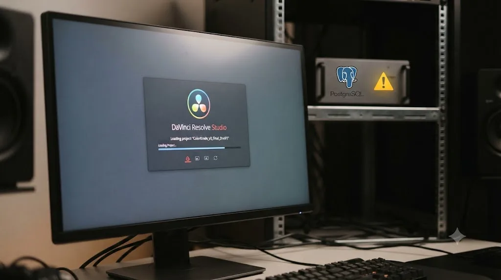 Illustration of a PostgreSQL database server icon with a warning symbol behind a stalled DaVinci Resolve loading screen