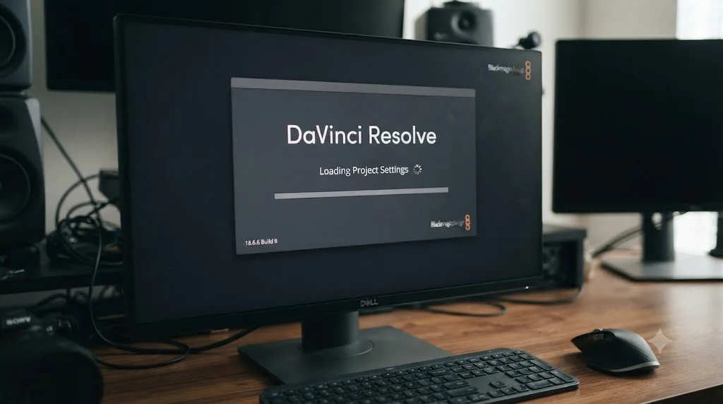 Illustration of a DaVinci Resolve loading screen frozen on the Loading Project Settings stage