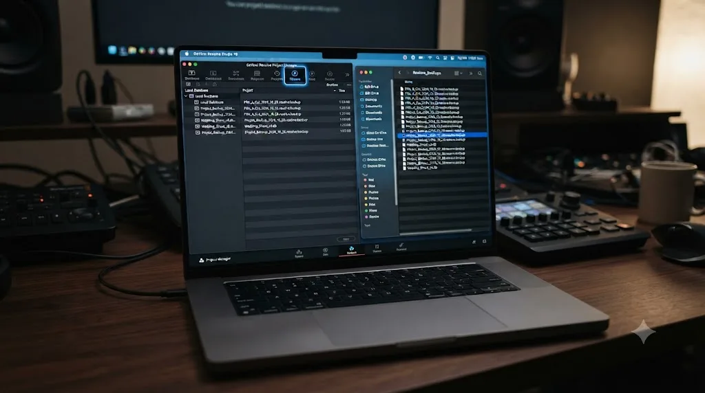 Illustration of the DaVinci Resolve Project Manager Restore button next to a resolve backup file