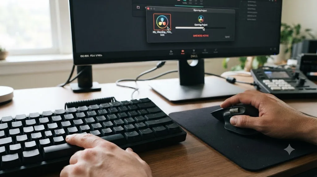 Illustration of a Shift key held while opening a DaVinci Resolve project in Safe Mode