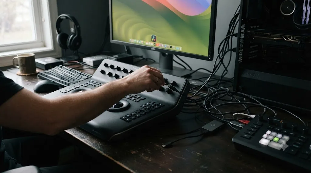 Illustration of USB control panels being disconnected from a computer before starting DaVinci Resolve