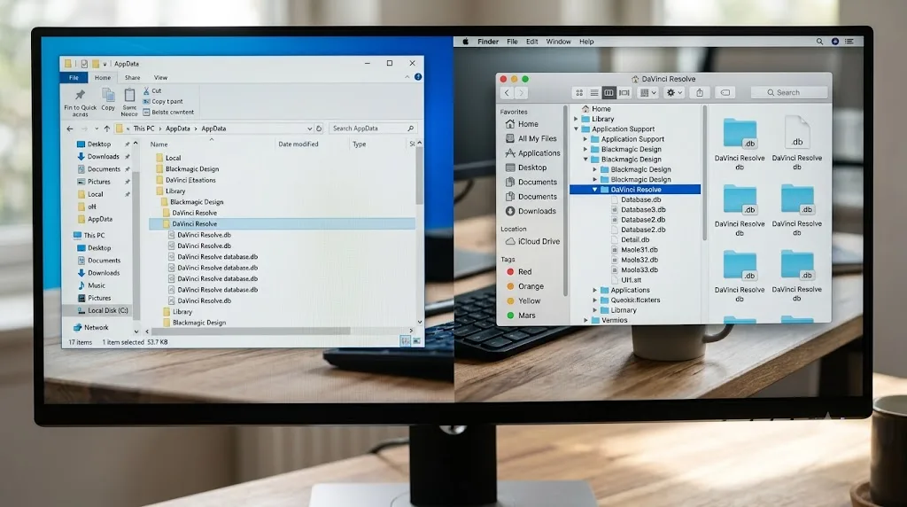Illustration of a Windows PC and a Mac side by side with different DaVinci Resolve project loading failures