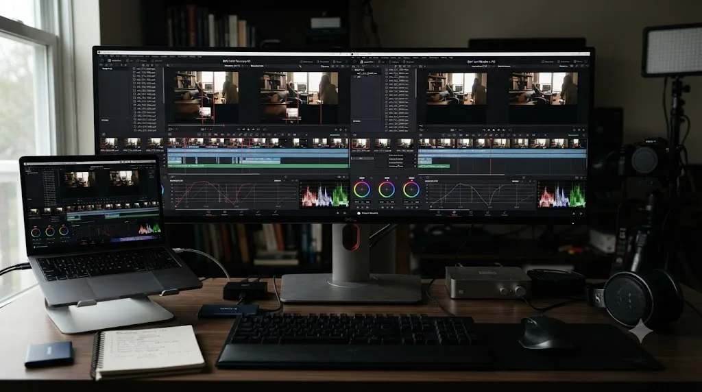 Illustration comparing interframe H.265 decoding against intraframe DNxHR proxy decoding in DaVinci Resolve