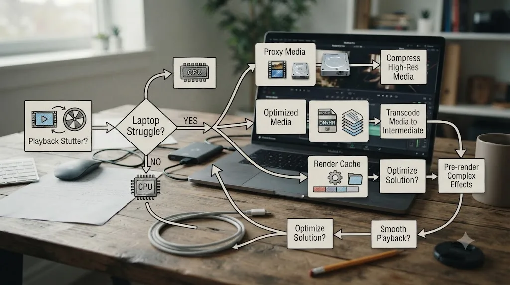 Illustration of a decision flowchart choosing between Proxy Media, Optimized Media, and Render Cache on a slow laptop