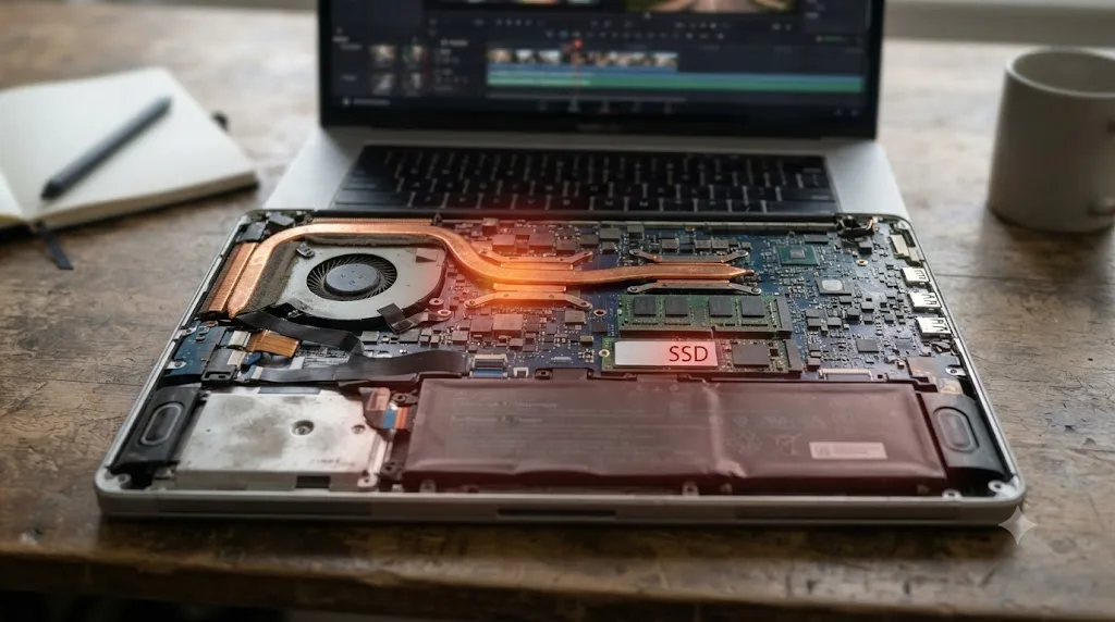 Illustration of a laptop's thermal, power, and storage constraints compounding to slow down DaVinci Resolve