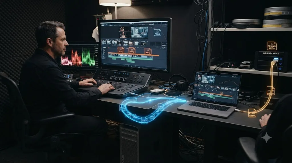 Illustration of DaVinci Resolve proxy media traveling from a workstation to a laptop and relinking to the original files later