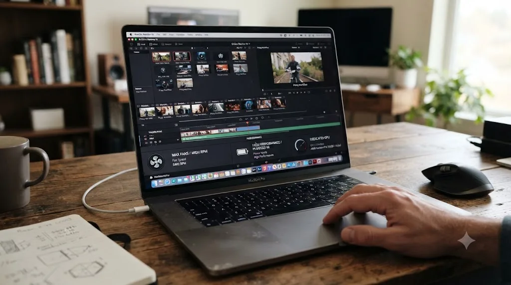Illustration of a laptop's power mode, GPU selection, and thermal settings affecting DaVinci Resolve performance