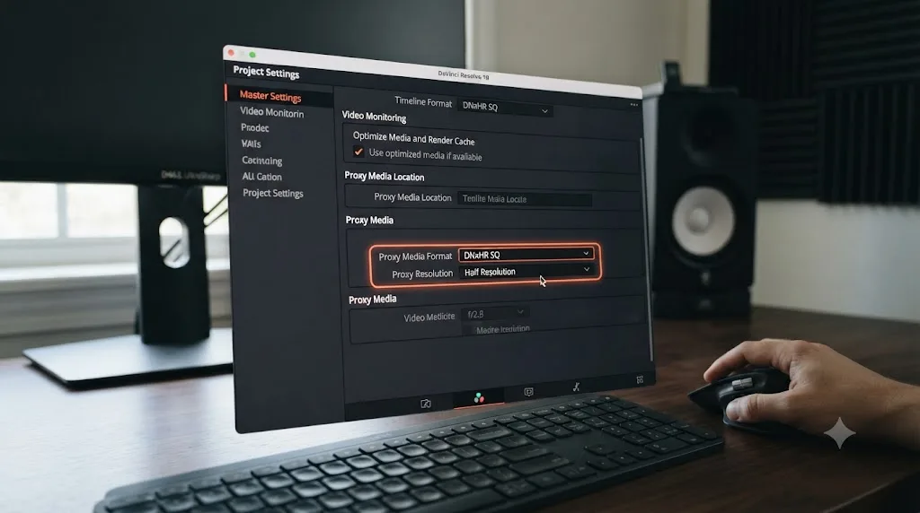 Illustration of DaVinci Resolve's Project Settings panel showing Proxy Media Format and Proxy Resolution options