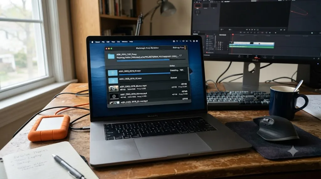 Illustration of the Blackmagic Proxy Generator app watching a folder and transcoding footage into proxy files in the background