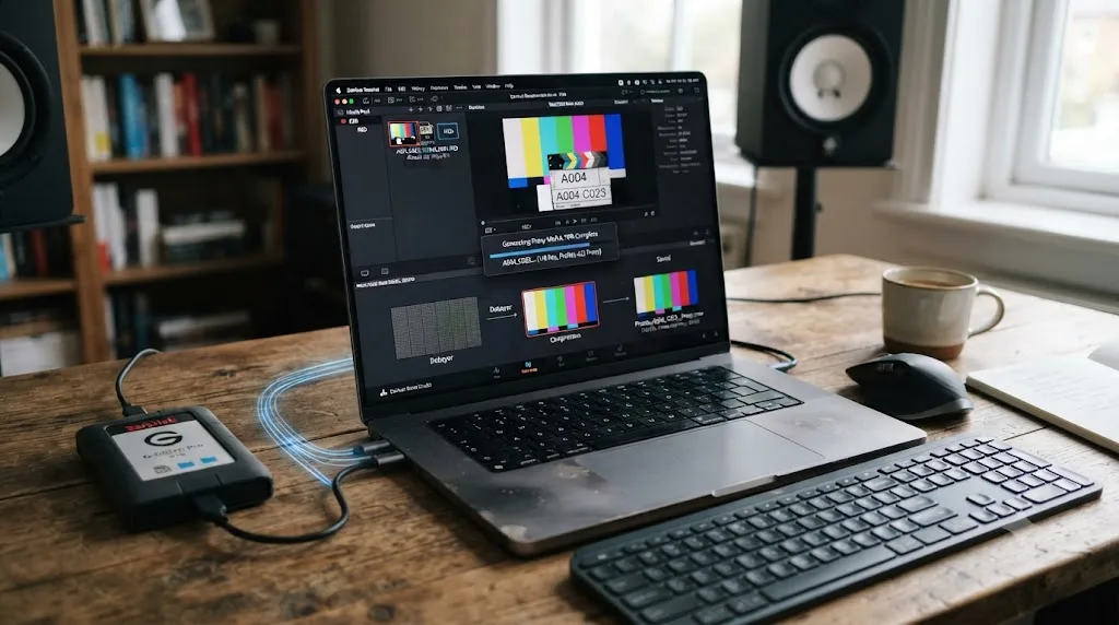 Illustration of a RAW camera file being debayered and converted into a lightweight proxy file for laptop editing