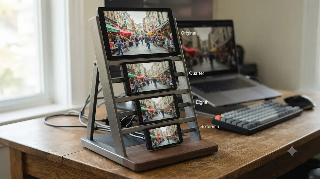 Illustration of DaVinci Resolve's proxy resolution ladder from Original down to Sixteenth resolution