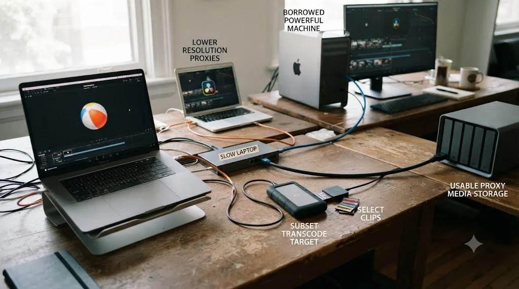 Illustration of a decision path for generating DaVinci Resolve proxies on a laptop too slow to transcode normally