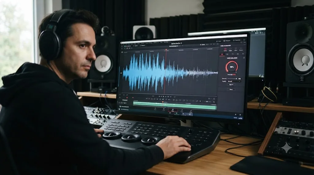 Illustration of a voice waveform becoming thin and artificial as DaVinci Resolve Voice Isolation intensity increases