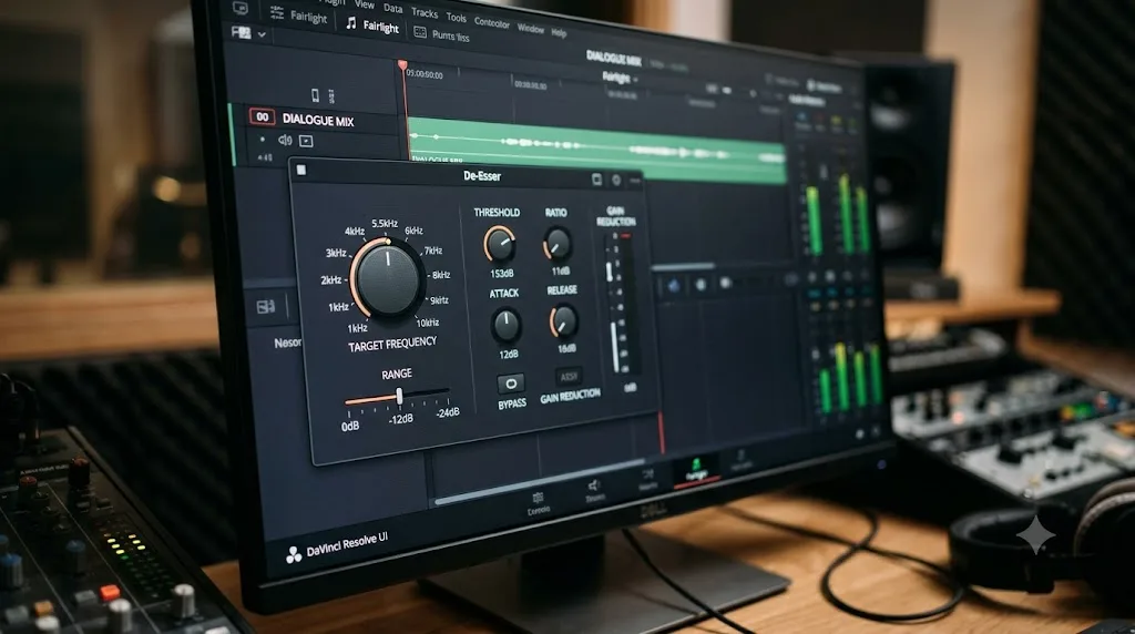 Illustration of the DaVinci Resolve De-Esser plugin with the Target Frequency knob and Range selector visible