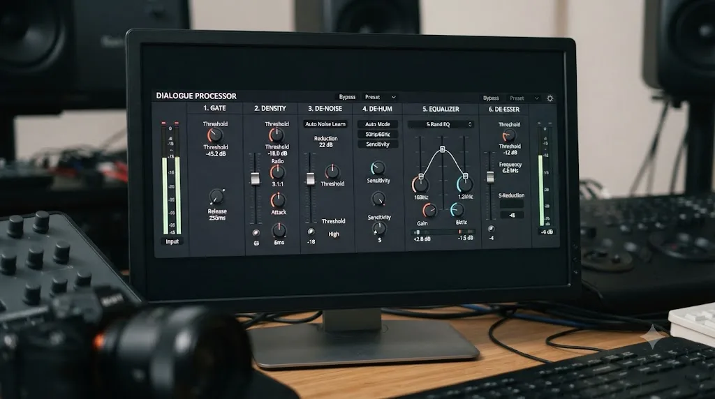 Illustration of the DaVinci Resolve Dialogue Processor plugin panel with its six combined effect stages labeled