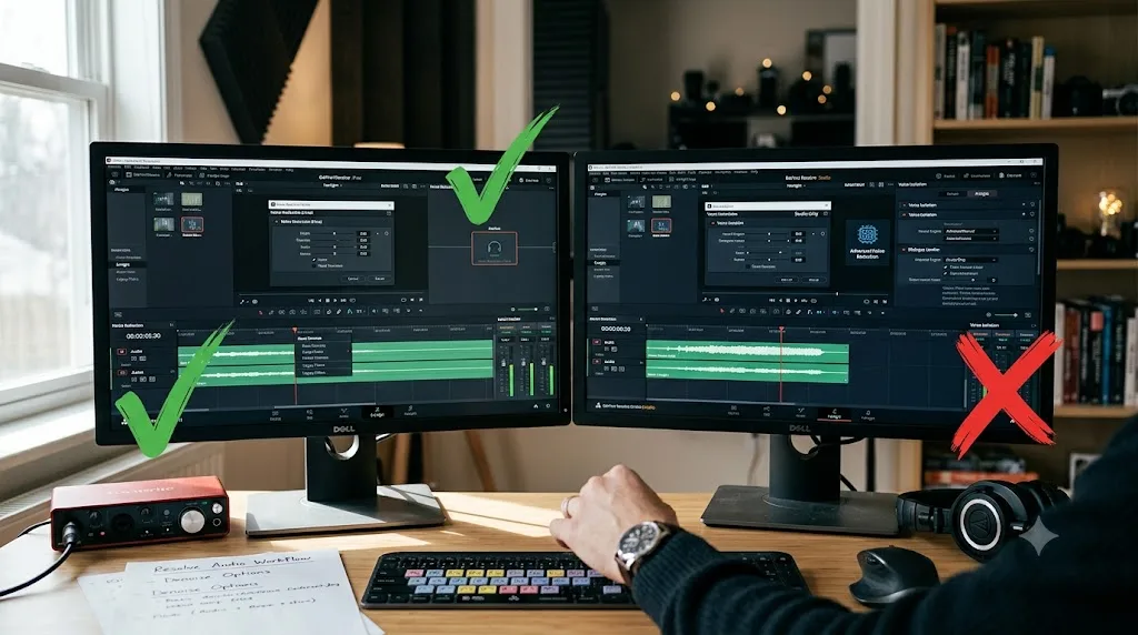 Illustration comparing which DaVinci Resolve background noise removal tools are free versus Studio-only