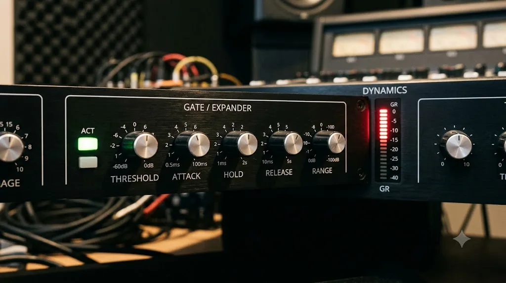 Illustration of the DaVinci Resolve Fairlight Dynamics panel showing Gate and Expander controls