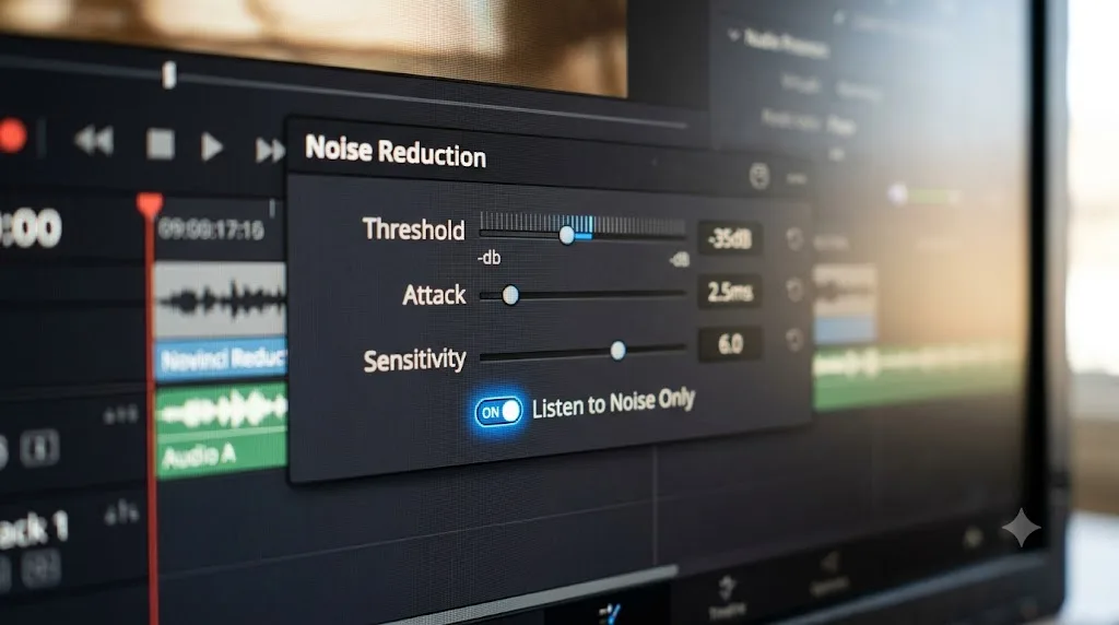 Illustration of the Threshold, Attack, and Sensitivity sliders in DaVinci Resolve's Noise Reduction plugin