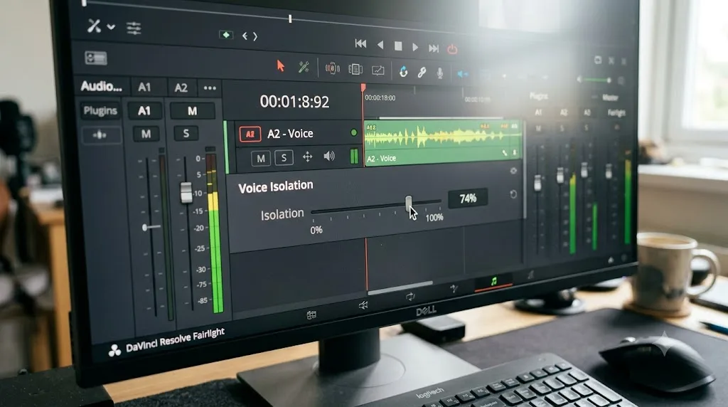 Illustration of the DaVinci Resolve Voice Isolation intensity slider on a Fairlight audio track