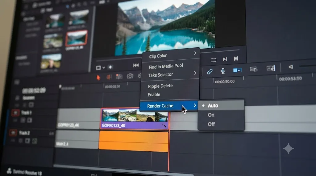 Illustration of DaVinci Resolve's per-clip Render Cache Auto, On, and Off menu options