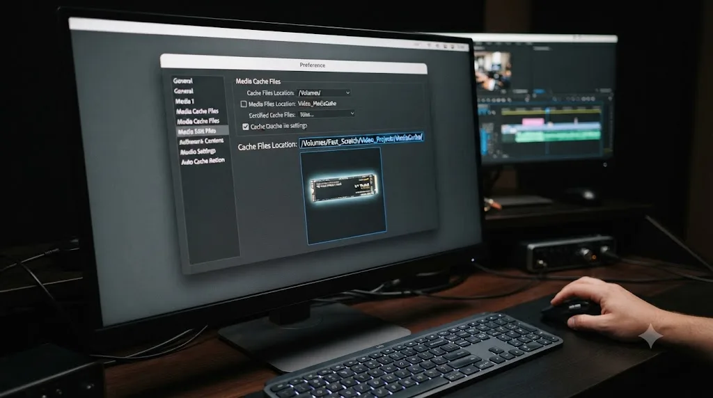 Illustration of DaVinci Resolve's Cache Files Location setting pointing at a fast internal drive