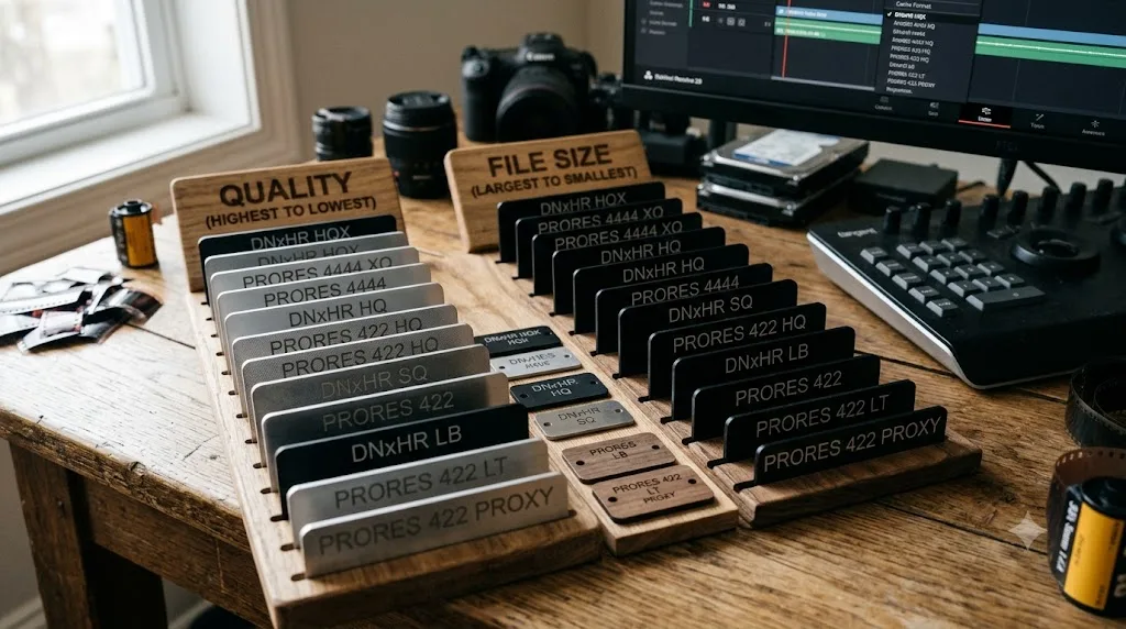 Illustration of DaVinci Resolve render cache format options ranked by quality and disk size
