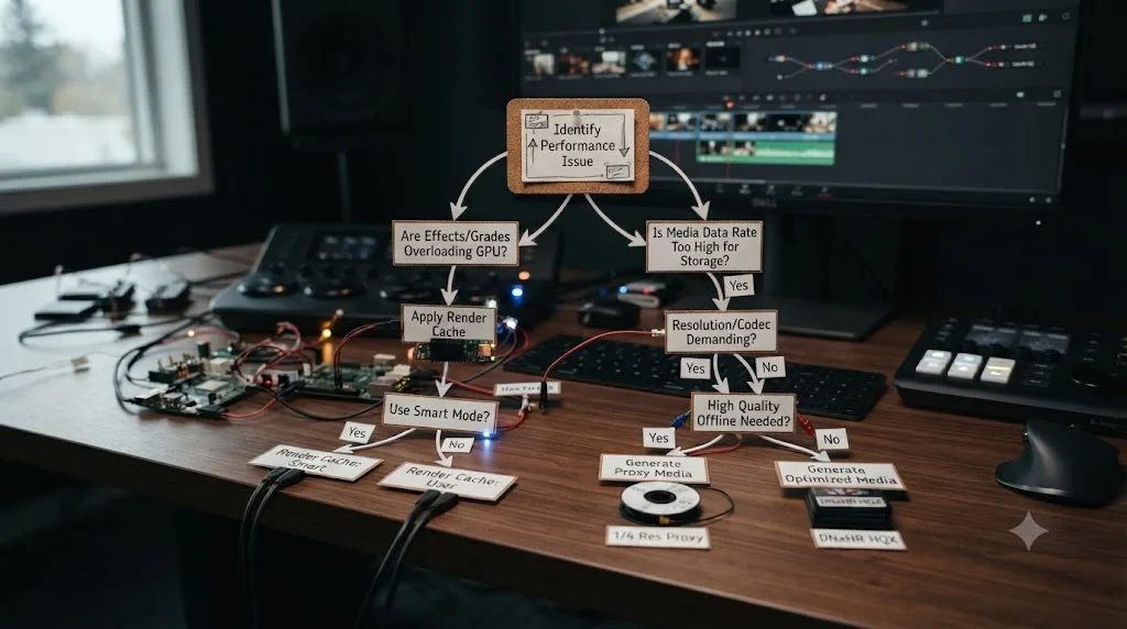 Illustration of a decision flowchart choosing between Render Cache, Optimized Media, and Proxy Media in DaVinci Resolve