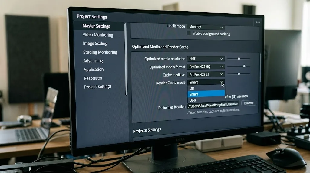 Illustration of DaVinci Resolve's Project Settings panel showing the Render Cache mode dropdown