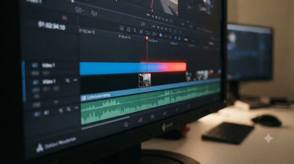 Illustration of a DaVinci Resolve render bar changing from red to blue as a clip finishes caching