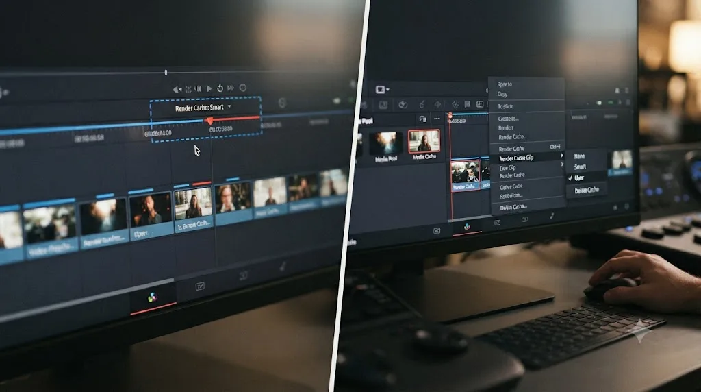 Illustration comparing DaVinci Resolve's Smart Cache automatic flagging against User Cache manual flagging