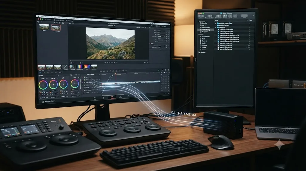 Illustration of DaVinci Resolve baking grading and effects into a cached media file