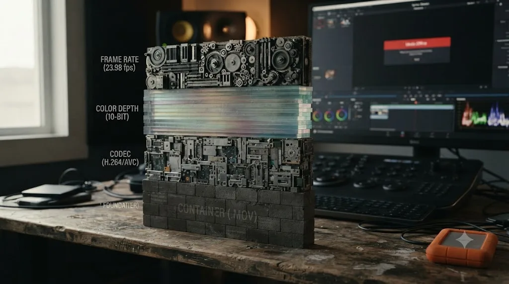 Illustration of four stacked compatibility layers, container, codec, color depth, and frame rate, in a video file