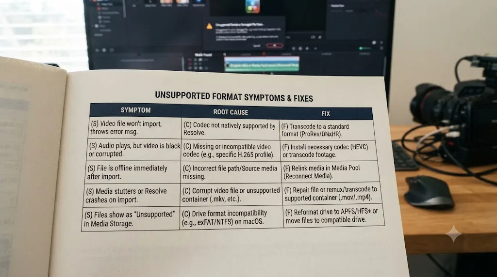 Illustration of a checklist table matching DaVinci Resolve unsupported format symptoms to their fixes