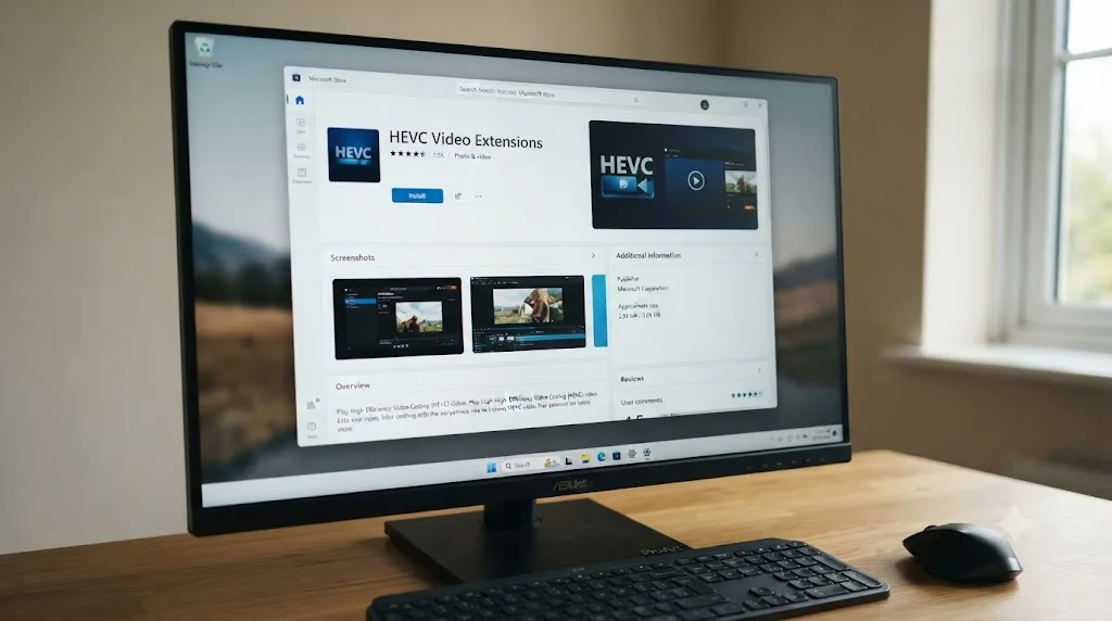 Illustration of the HEVC Video Extensions listing open in the Microsoft Store on a Windows computer