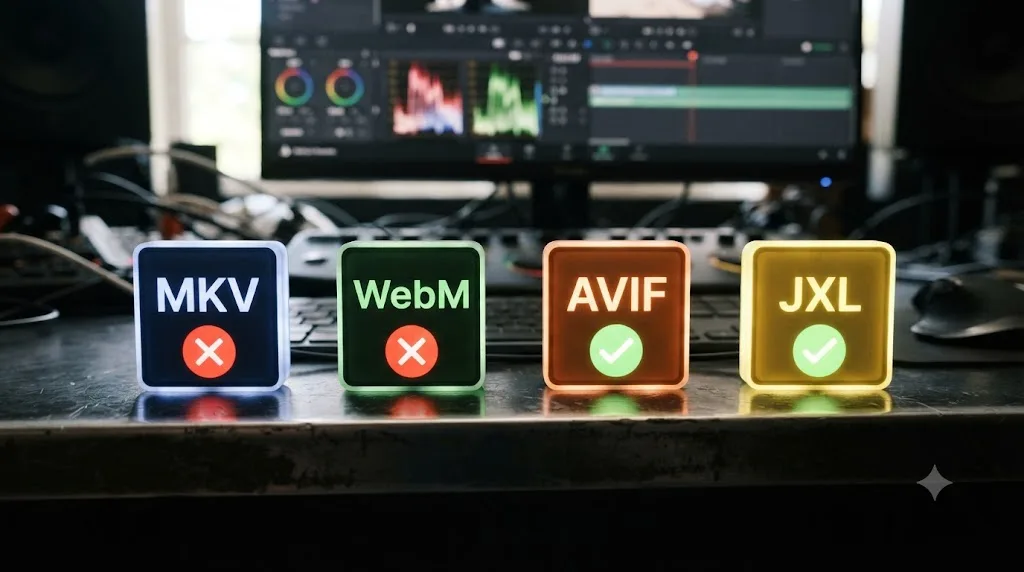 Illustration of video and image format icons marked as supported or unsupported in DaVinci Resolve