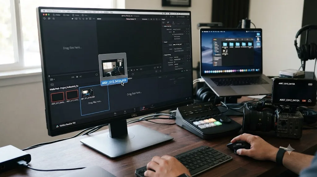 Illustration of a ProRes RAW file being imported directly into DaVinci Resolve's Media Pool