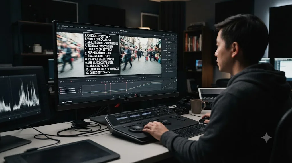 Illustration of a troubleshooting checklist overlaid on a video clip transitioning from shaky to fully stabilized