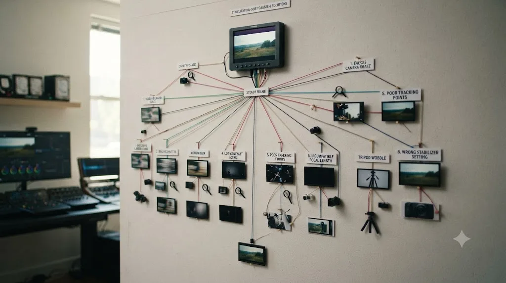 Illustration of a branching decision tree diagram covering eight causes of failed video stabilization