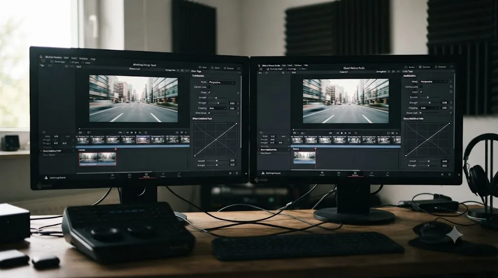 Illustration comparing identical Stabilization panel controls in DaVinci Resolve Free and Studio editions