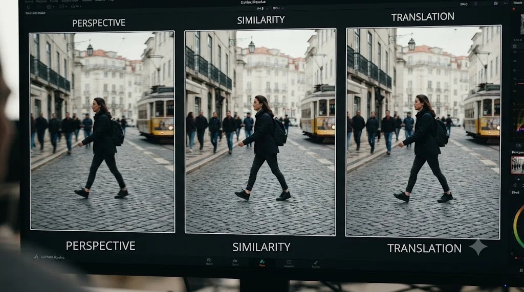Illustration comparing the same shaky video clip corrected under Perspective, Similarity, and Translation stabilization modes