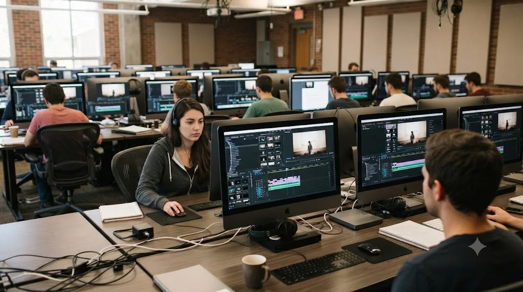 Illustration of a university post-production computer lab with DaVinci Resolve on multiple workstations