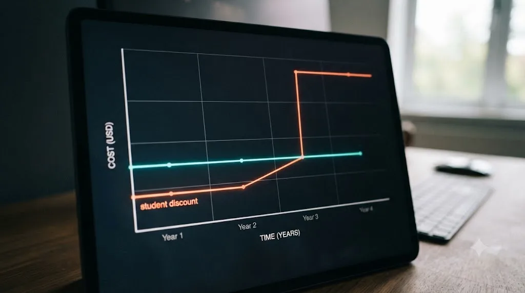 Illustration of a price comparison chart showing DaVinci Resolve's flat pricing against Adobe's post-graduation price increase