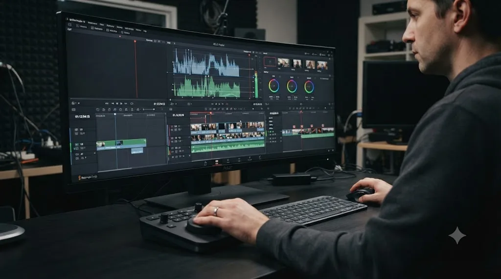 Illustration of DaVinci Resolve's Edit, Cut, and Color pages each with their own timeline strip
