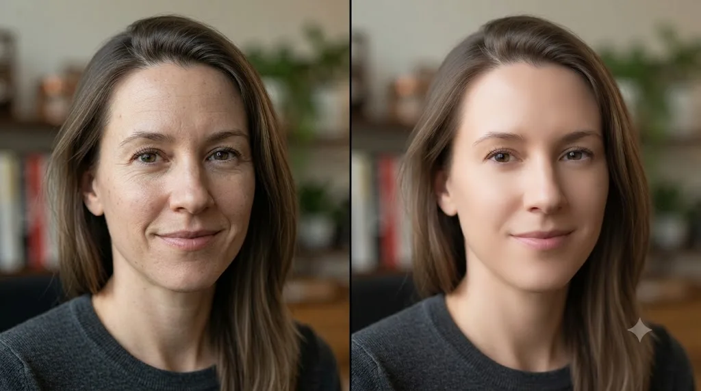 Illustration comparing natural skin texture against over-smoothed spatial noise reduction