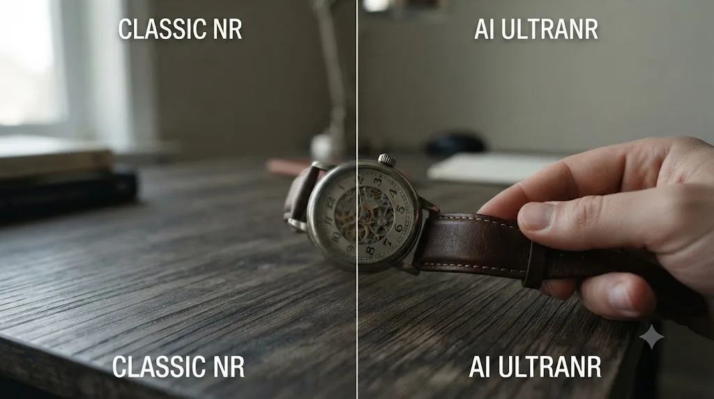 Illustration comparing traditional spatial noise reduction against AI-based UltraNR denoising