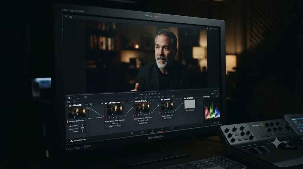 Illustration of a worked example node chain for denoising a low-light handheld interview in DaVinci Resolve