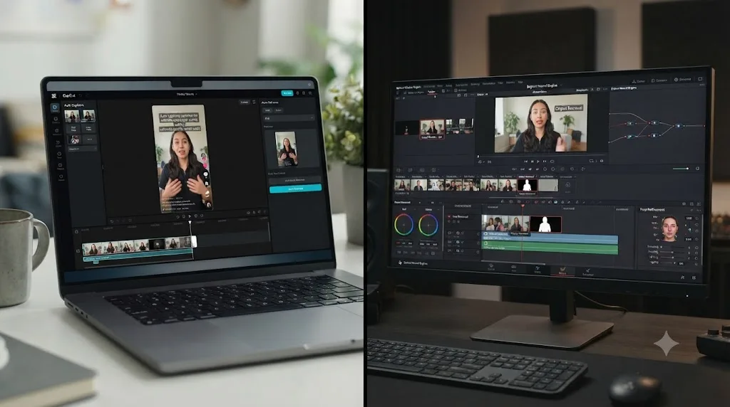 Illustration comparing CapCut's AI captioning and reframing tools with DaVinci Resolve's Neural Engine repair tools