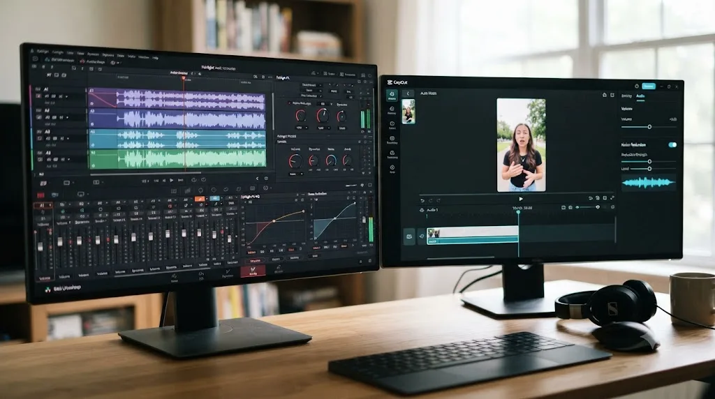 Illustration comparing the DaVinci Resolve Fairlight audio page with CapCut's simpler audio adjustment panel